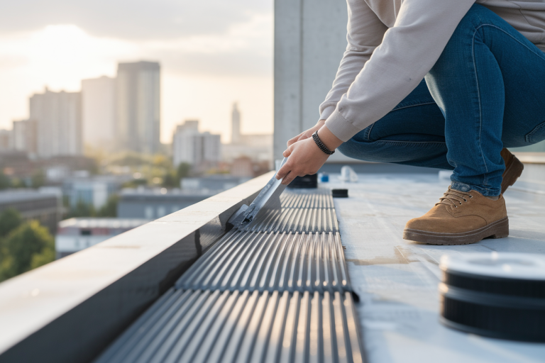 personne-agenouillee-balcon-impermeabilisation-ville-floue