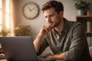 homme-ordinateur-horloge-mur-floue