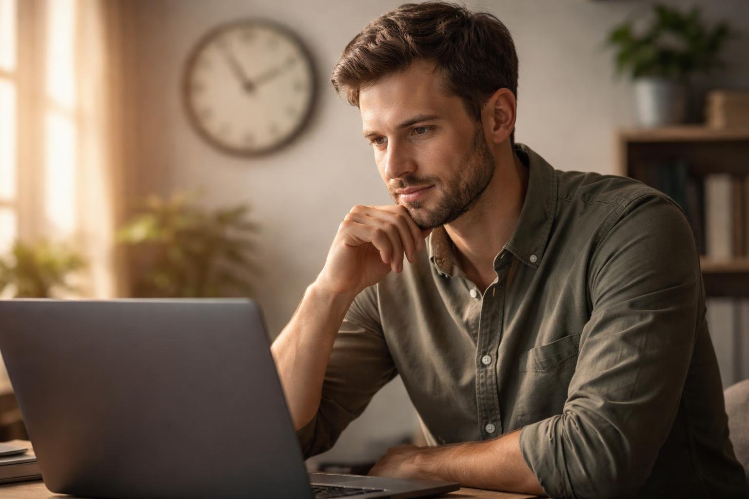 homme-ordinateur-horloge-mur-floue