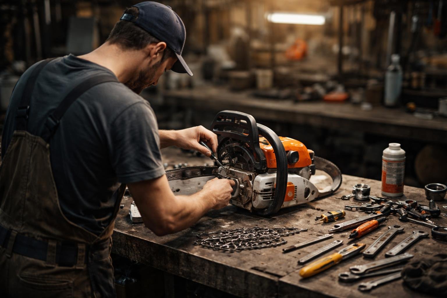 mecanicien-tronconneuse-etabli-outils-atelier