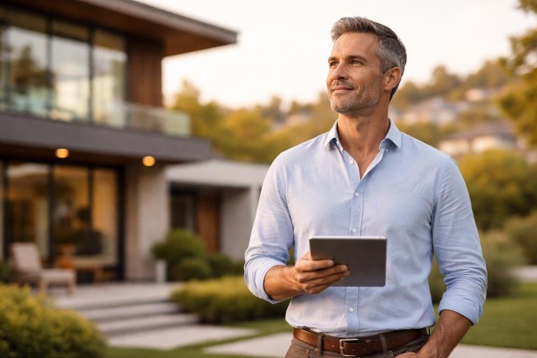 proprietaire-tablette-maison-moderne-quartier-verdoyant