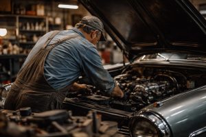 mecanicien-dos-moteur-voiture-ancienne