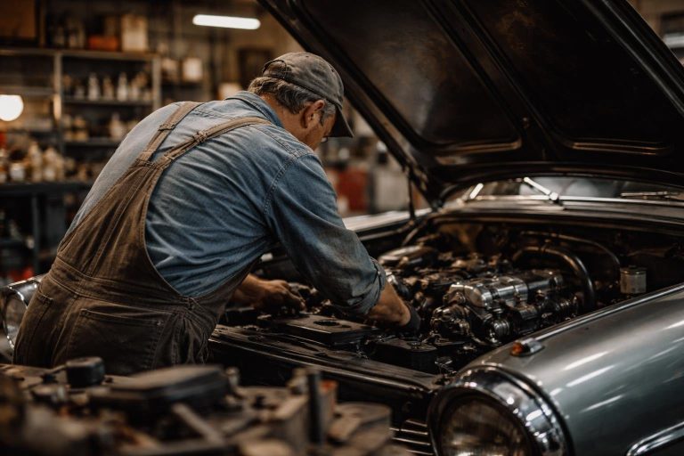 mecanicien-dos-moteur-voiture-ancienne