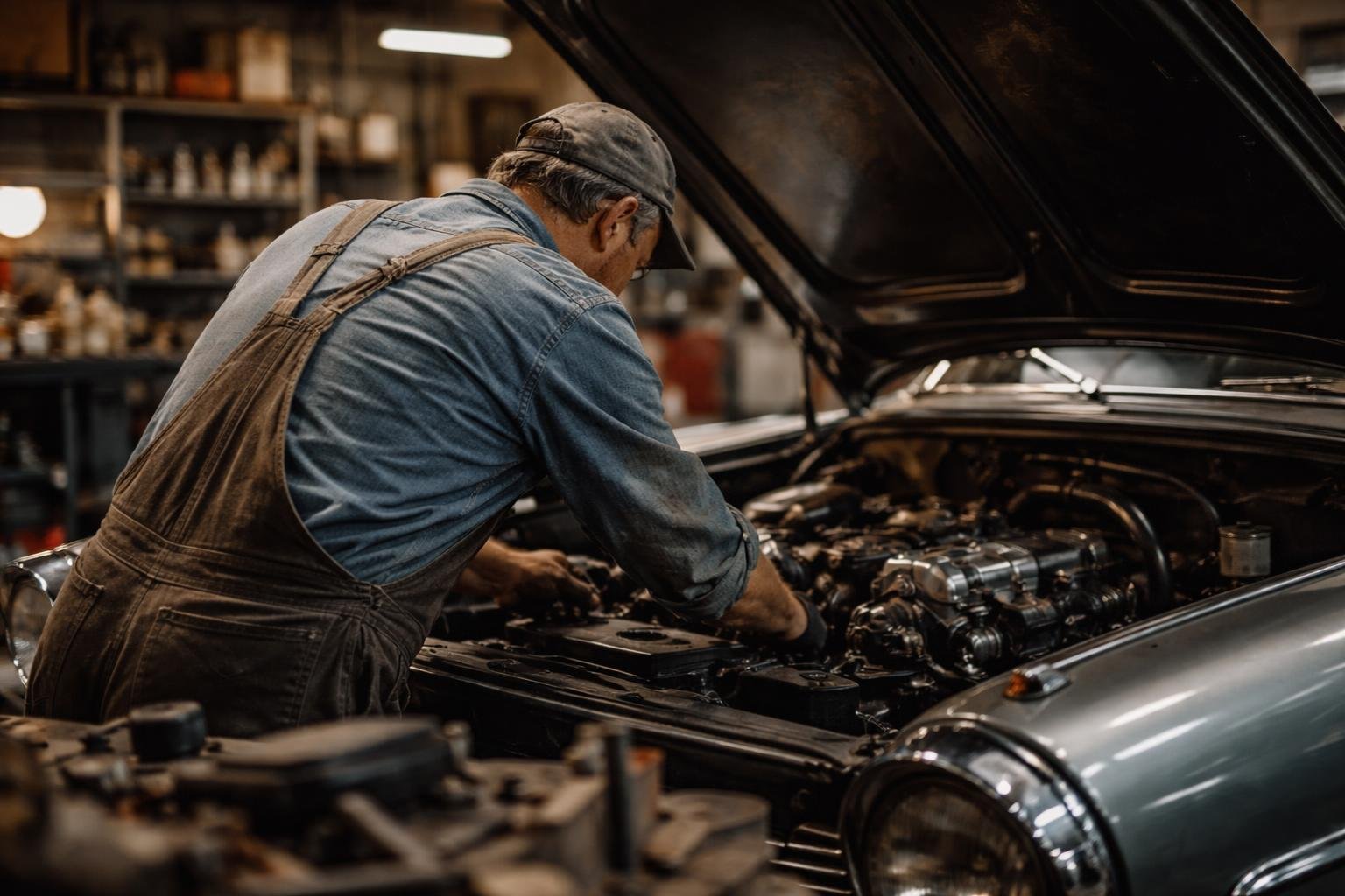 mecanicien-dos-moteur-voiture-ancienne