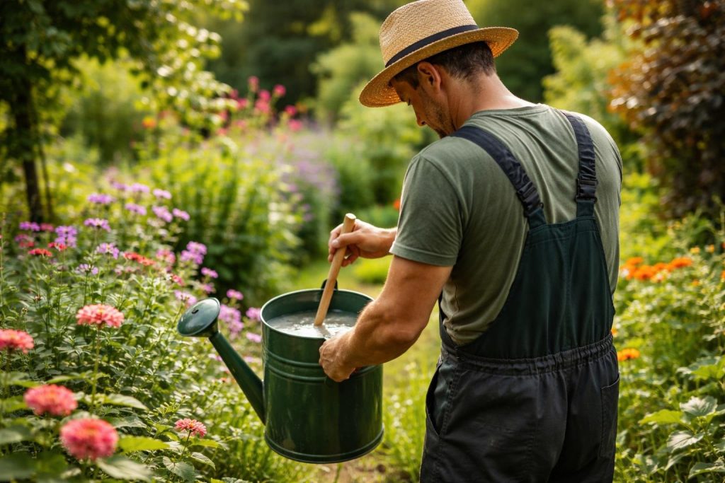 jardinier-arrosoir-plantes-fleurs-colorées