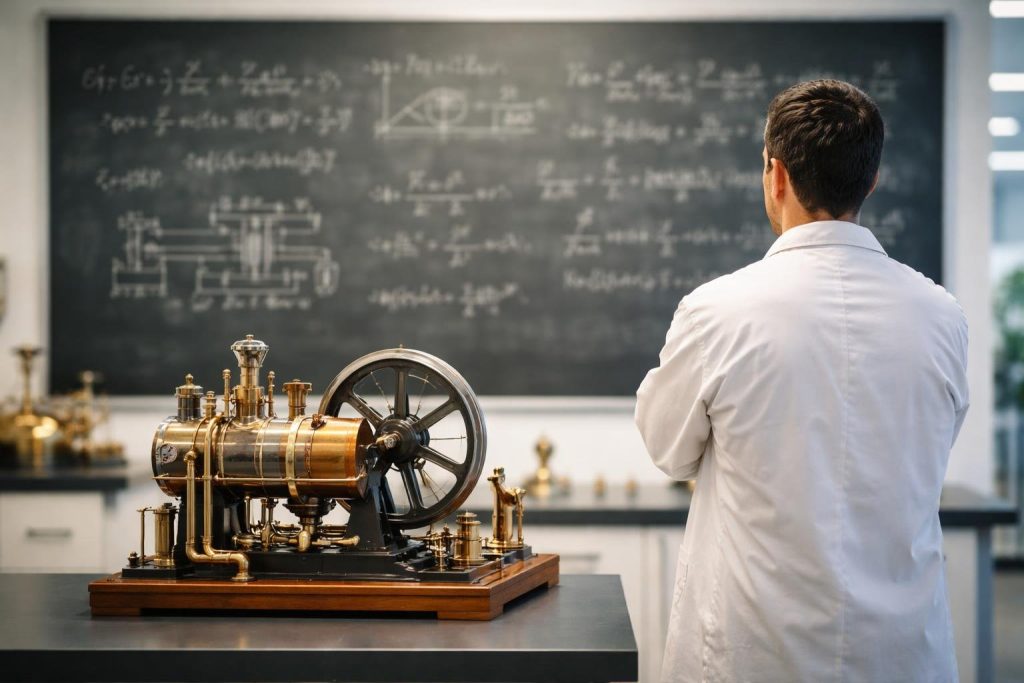 scientifique-blouse-tableau-equations-maquette-moteur