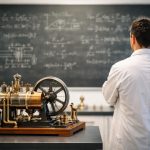 scientifique-blouse-tableau-equations-maquette-moteur