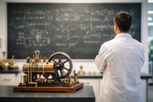 scientifique-blouse-tableau-equations-maquette-moteur