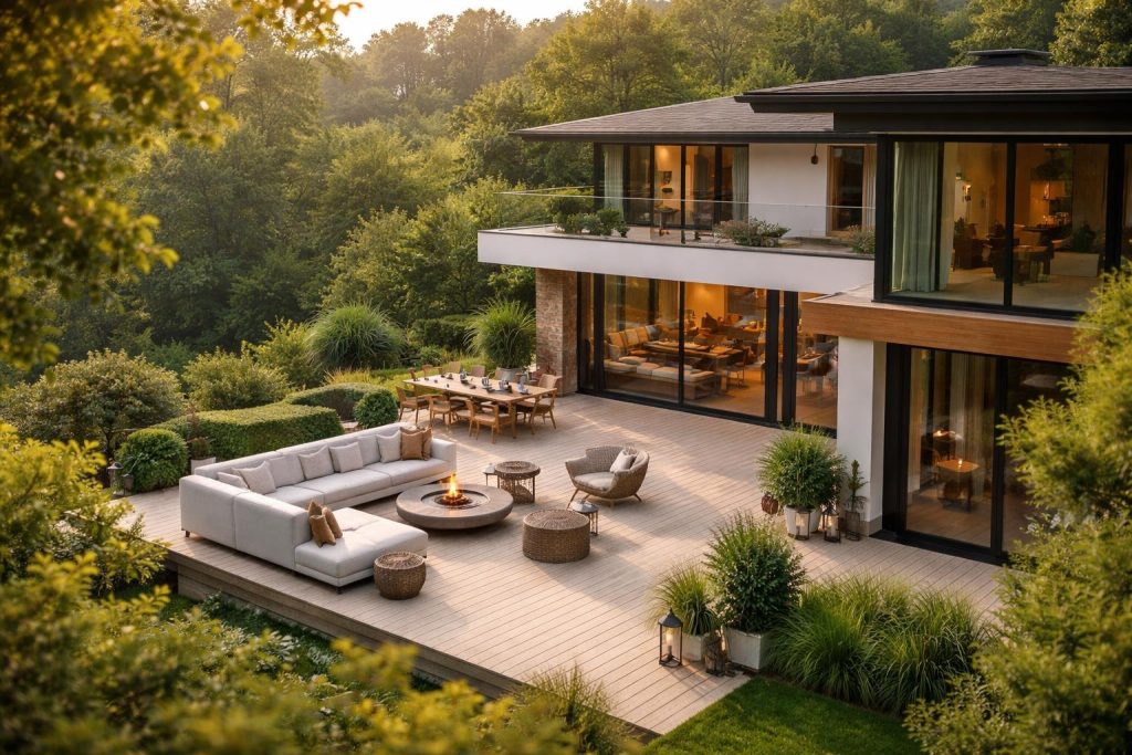 maison-moderne-terrasse-verdure-meubles