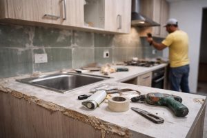 cuisine-moderne-materiaux-ouvrier-flou