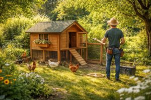 jardin-verdoyant-poulailler-poules-personne-outils