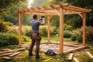 homme-pergola-bois-jardin-outils